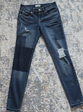 Bootlegger Distressed Patchwork Skinny Jeans Dark Wash Raw Hem